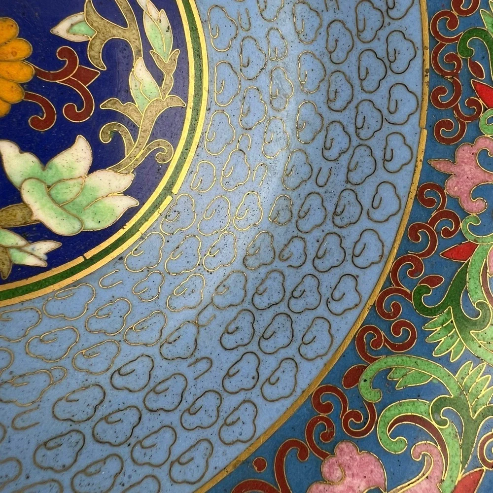 Vintage Cloisonne Footed Compote Dish Blue Floral Scalloped 10